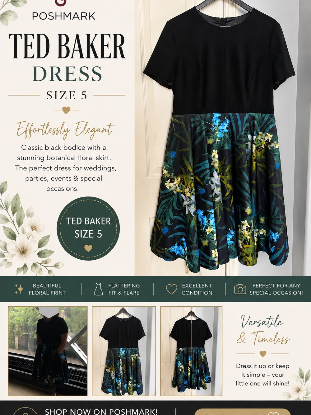 Ted Baker Black Tropical Floral Fit & Flare Dress Size 5 (US 10–12)